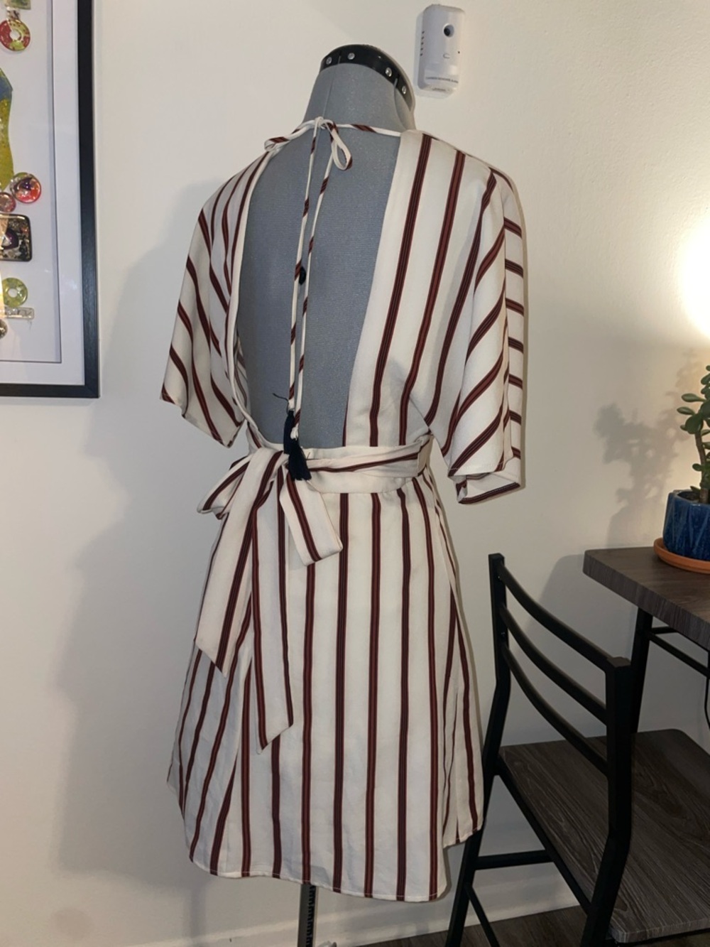 Striped Cream & Deep Red V-Neck Mini Dress - Picture 4 of 7